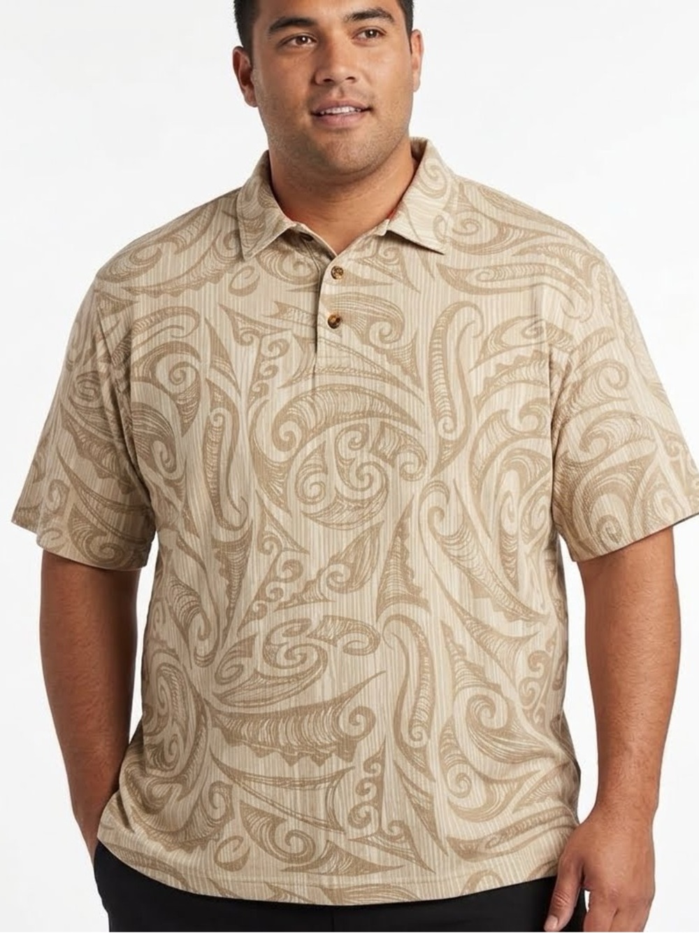 Men's XXL Crazy Shirts Hawaiian Polo Tan Tribal Patterned Polo Shirt Polynesian